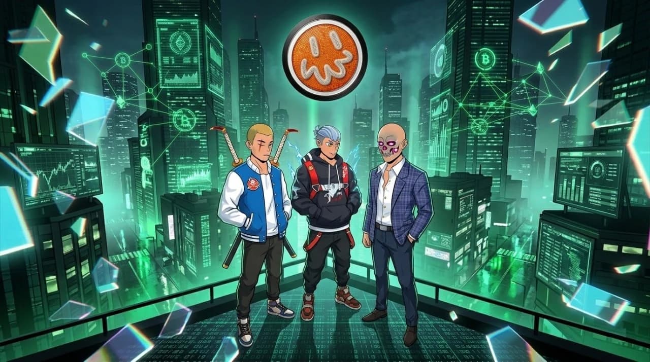 The Hoodsters characters overlooking a neon-green futuristic city
